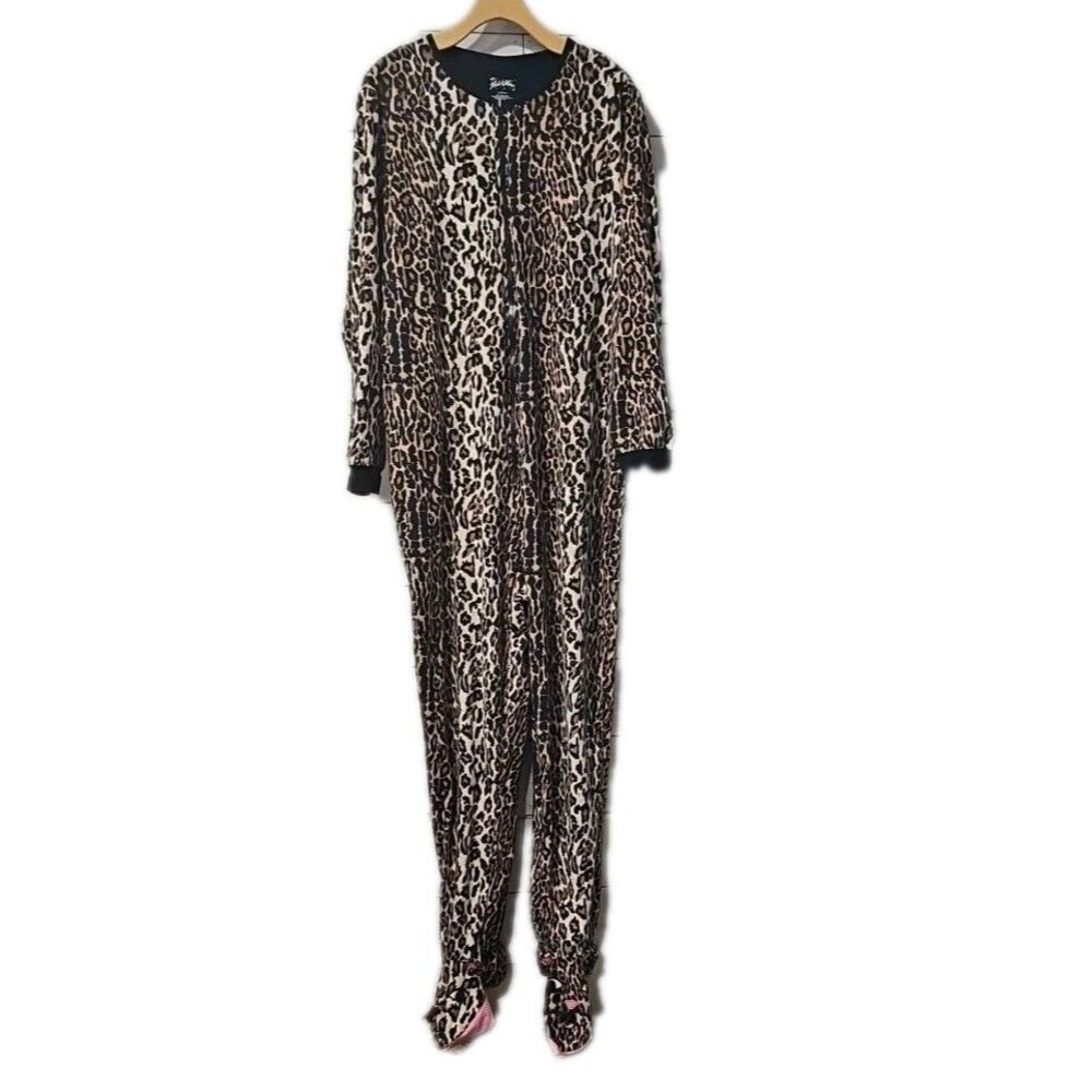 Nick & Nora Women's Leopard Cat Print Footie Pajamas Fleece One Piece Union Suit